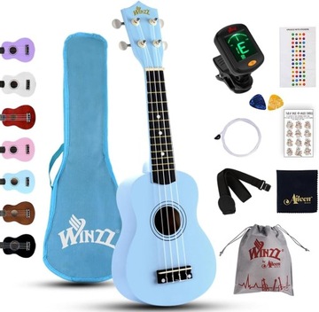 UKULELE SOPRANOWE WINZZ ZESTAW POCZĄTKUJĄCYCH POKROWIEC STRUNY NIEBIESKI