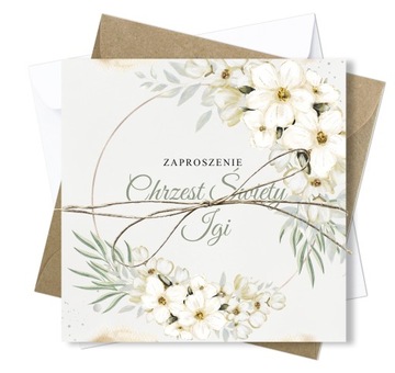 Zaproszenia na Chrzest Święty White Flowers Imię Koperta KREATOR