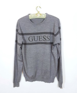 GUESS szary MĘSKI sweter WEŁNA MERINO logo XL