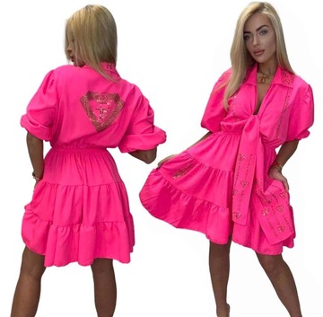 Sukienka różowa Hiszpanka krótka zwiewna PF Paparazzi Fashion Rozkloszowana