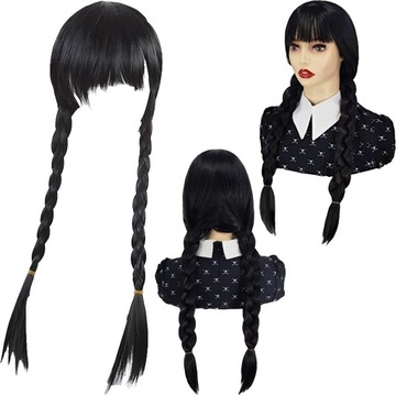 PERUKA WŁOSY WEDNESDAY ADDAMS COSPLAY WARKOCZE Z GRZYWKĄ 60CM - Kompletny