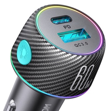 АВТОМОБИЛЬНОЕ ЗАРЯДНОЕ УСТРОЙСТВО JOYROOM USB-C USB-A 60 Вт PD QC СО СВЕТОДИОДНОЙ ПОДСВЕТКОЙ