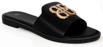 8172 CZARNE SKÓRZANE KLAPKI DAMSKIE OZDOBA 39