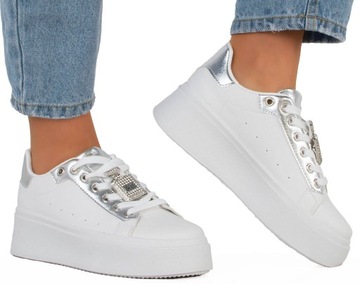 SNEAKERSY BIAŁE BUTY SPORTOWE NA PLATFORMIE SZNUROWANE 38