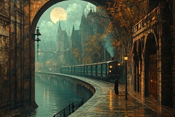OBRAZ NA PŁÓTNIE CANVAS MIASTO NOC KSIĘŻYC KOLEJ POCIĄG JESIEŃ ULEWA 120x80
