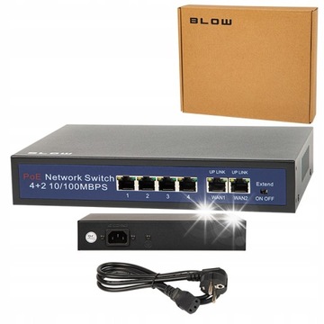 SWITCH POE DO KAMER 4xPOE 100Mbps 2xUpLINK 75W BLOW Extend mode