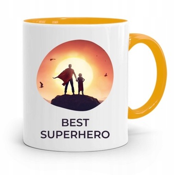 KUBEK ŻÓŁTY PREZENT NA DZIEŃ OJCA BEST SUPERHERO z Nadrukiem ze Zdjęciem