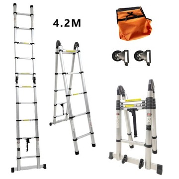 Dwustronna Drabina 4,2M Teleskopowa Aluminiowa Z Torba na narzędziu 2x5/9