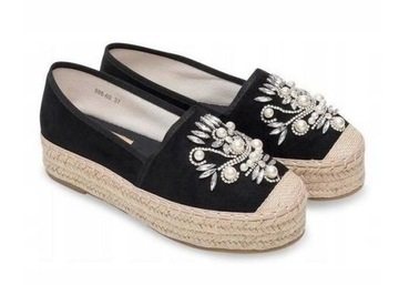 CZARNE ESPADRYLE BUTY BALERINY MOKASYNY Z JUTY 36