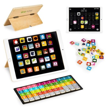 DREWNIANY TABLET EDUKACYJNY TABLICA MAGNETYCZNA 85 ELEMENTÓW