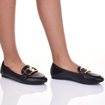 CZARNE PÓŁBUTY SKÓRZANE Z OZDOBĄ DAMSKIE MOKASYNY ELEGANCKIE