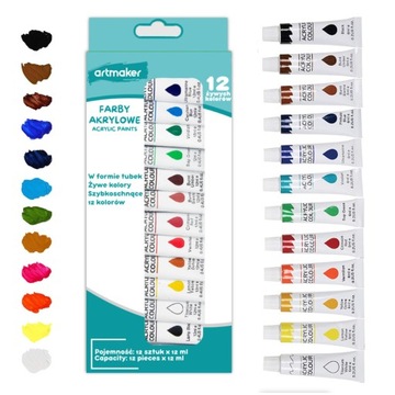 FARBY AKRYLOWE akryle farbki do malowania 12 szt 12 ml Artmaker zestaw farb