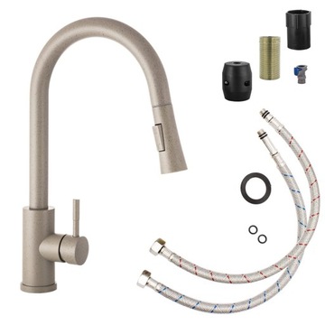 Bateria Kuchenna Taru Slim Beżowa Granit z Wyciąganą Wylewką Kran Kuchenny