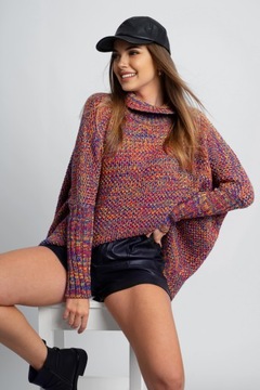 BELLA Polskie PONCHO SWETER OVERSIZE z półgolfem MULTICOLOR