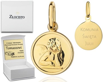 ZŁOTA ZAWIESZKA MEDALIK ANIOŁEK W KÓŁKU 585 GRAWER CHRZEST KOMUNIA PREZENT