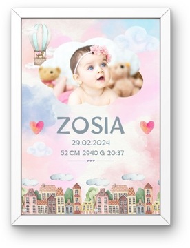 Metryczka dziecka plakat personalizacja A3 30x40 cm akwarela ze zdjęciem