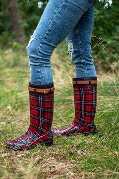 Kalosze Damskie wysokie w kratę czerwone 38