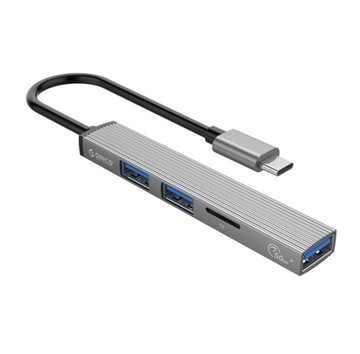 Orico Hub USB-C 3 порта USB-A 3.0, устройство чтения microSD, алюминий, серебристый