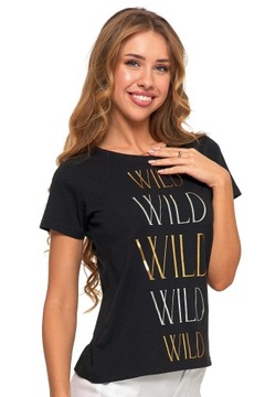 Koszulka T-shirt damski BAWEŁNA czarny ze złotymi napisami WILD - XL