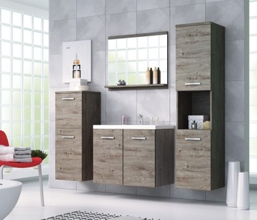 Комплект мебели для ванной комнаты с умывальником и зеркалом.