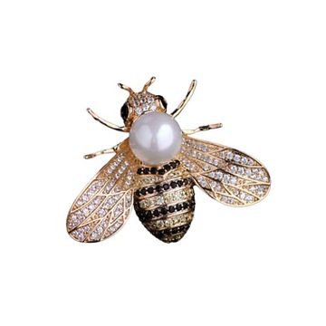 Luksusowa Broszka Pin Przypinka złota Pszczoła Owad biała perła /2438