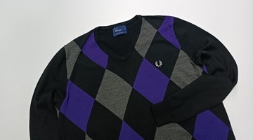 FRED PERRY Elegancki Sweter w Romby 100% WEŁNA MERINO r. L