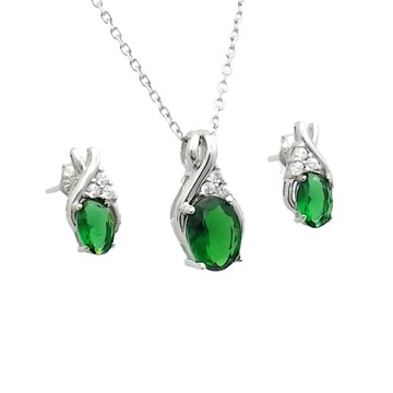Srebrny Komplet Zestaw Biżuterii 925 Elegancki Subtelny Szmaragdowy Zielony