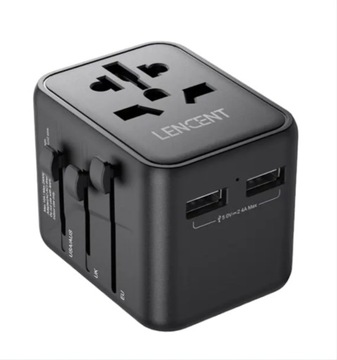 Adapter podróżny czarny LENCENT 2xUSB-A 2.4A do 200 krajów wtyk UK US AU EU