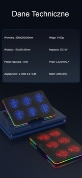 ОХЛАЖДАЮЩАЯ ПОДСТАВКА ДЛЯ НОУТБУКА 12–16 ДЮЙМОВ RGB LED