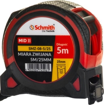 SCHMITH MIARA TAŚMA METRÓWKA MIARKA ZWIJANA 5m x 25mm MAGNES KARABIŃCZYK