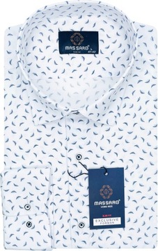 Elegancka biała PREMIUM koszula męska z lycrą w drobne liście wzór SLIM-FIT