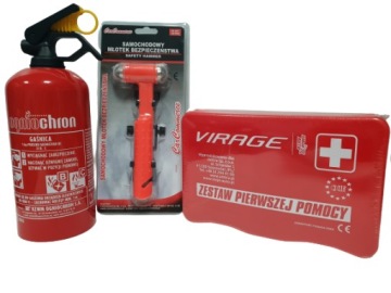 GAŚNICA SAMOCHODOWA 1KG + MŁOTEK ŻYCIA + APTECZKA