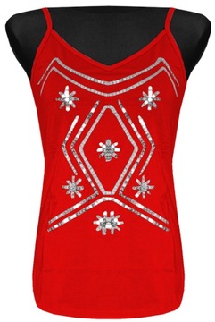 KOSZULKA DAMSKA BLUZKA TOP NA RAMIĄCZKA CEKINY CZERWONA XL 42 MODEL:108B