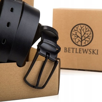 PASEK SKÓRZANY MĘSKI Betlewski czarny pas do spodni w pudełku na prezent