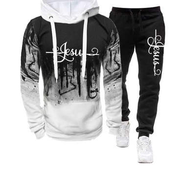 Mens Fashion Jesus Printed Winter Tracksuit Sweats