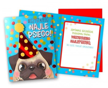KARTKA URODZINOWA dla DZIECI z mopsem KARNET na urodziny z ŻYCZENIAMI