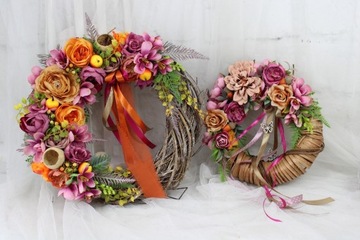Wianek jesienny kwiatowy dekoracja domu stroik wieniec na drzwi