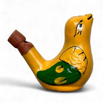 PTASZEK ceramiczny gwizdek na wodę śpiewający świergoczący żółty malowany
