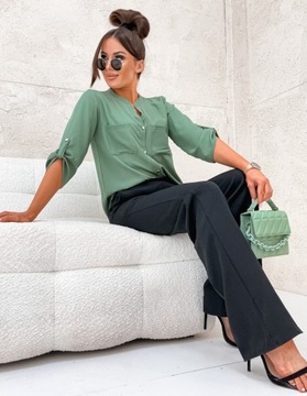 DAMSKA ELEGANCKA BLUZKA KOSZULA LUŹNA OZDOBNE GUZIKI PL PRODUCENT KHAKI L