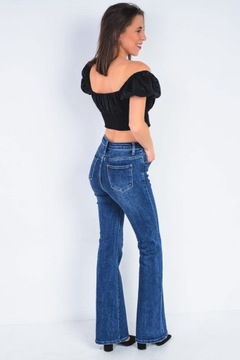 Klasyczne ciemne spodnie damskie szerokie dzwony jeansowe wysoki stan L