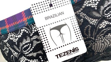 TEZENIS MAJTKI BRAZILIAN STRING KORONKA CZERŃ S