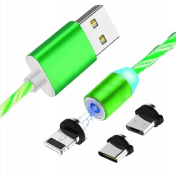 Kabel USB Magnetyczny 3-w-1 Świecący 1 metr 2,4A ZIELONY