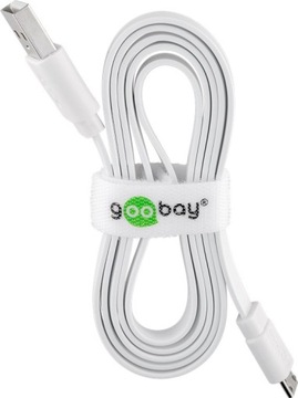 КАБЕЛЬ USB A – MICRO B 1 МЕТР, 480 МБ/С, БЕЛЫЙ, ПЛОСКИЙ, ПРОЧНЫЙ, НЕ СПУТКАЕТСЯ