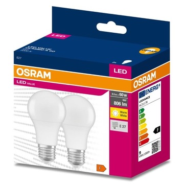 2PAK Żarówka LED E27 A60 8,5W = 60W 806lm 3000K Ciepła 200° OSRAM VALUE