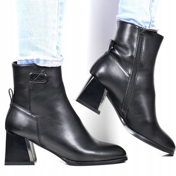 CZARNE BUTY ZIMOWE DAMSKIE BOTKI NA OZDOBNYM WYGODNYM OBCASIE KLOCKU