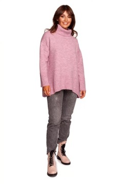 Bk086 Sweter z Rozcięciem z Tyłu - Pudrowy L/XL