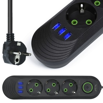 LISTWA ZASILAJĄCA 3 GNIAZDA + 3 USB PRZEDŁUŻACZ 2M