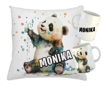 Zestaw PANDA KUBEK + PODUSZKA RÓŻNE WZORY + IMIĘ