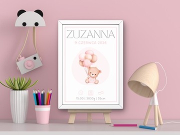 METRYCZKA dla dziewczynki PLAKAT RAMKA RÓŻNE WZORY Narodziny Chrzest Roczek