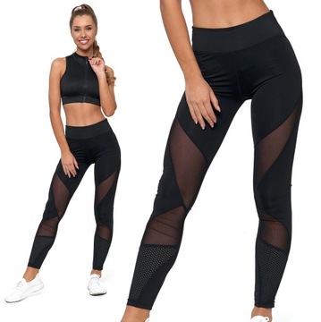 Czarne Legginsy Siateczka Fitness - Legginsy - sportowe, pushup 